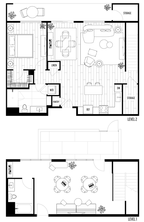 A black and white floor plan of a two-level home with labeled rooms such as "STORAGE," "LINEN," and "KIDS.".